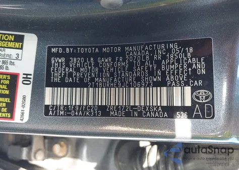 2018 Toyota Corolla Se from USA, damaged, VIN 2T1BURHE9JC106973